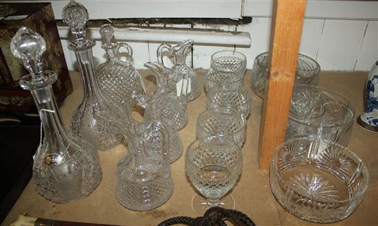 Cut glass ware, inc set 4 jugs, pair bulbous vine-engraved decanters, oval decanter, 5 large wines, 5 tumblers & 3 bowls